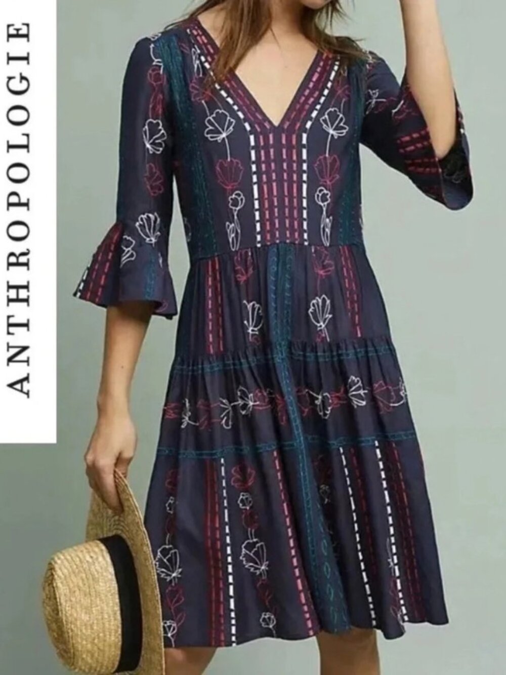Anthropologie Akemi + Kin Hailey Embroidered Boho Dress Sz 14 Navy Cottagecore